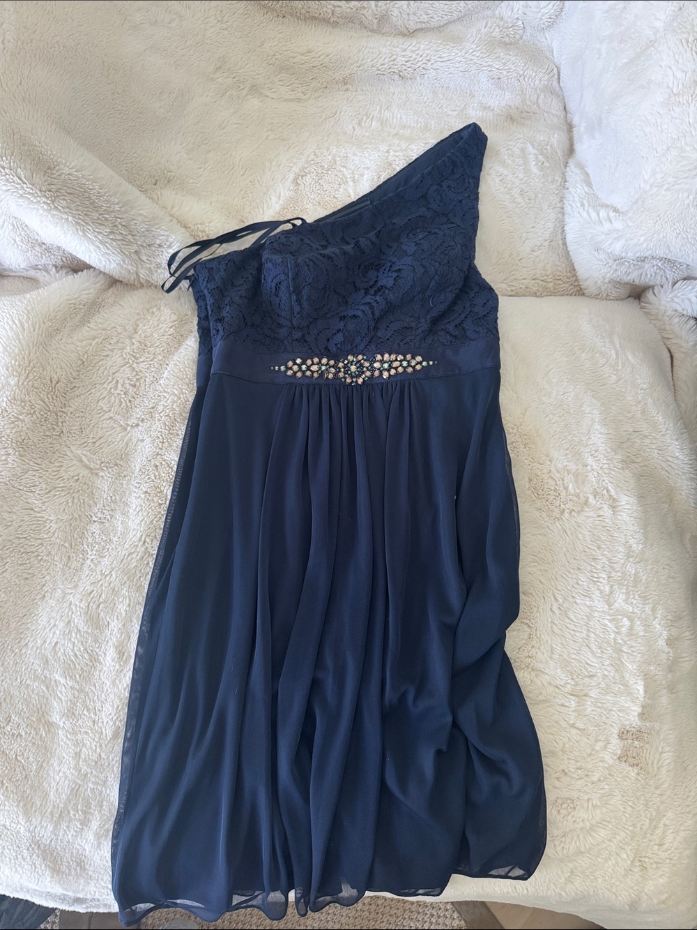 Adrianna Papell Navy One-Shoulder Lace & Chiffon Dress with Beaded Waist